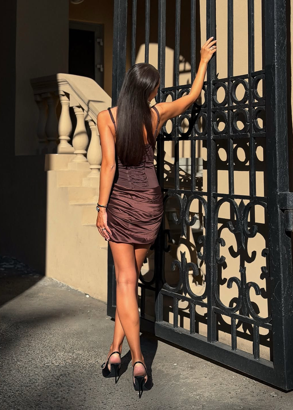Mocha Muse Corset Mini Dress – Satin Draped Bodycon Party Dress