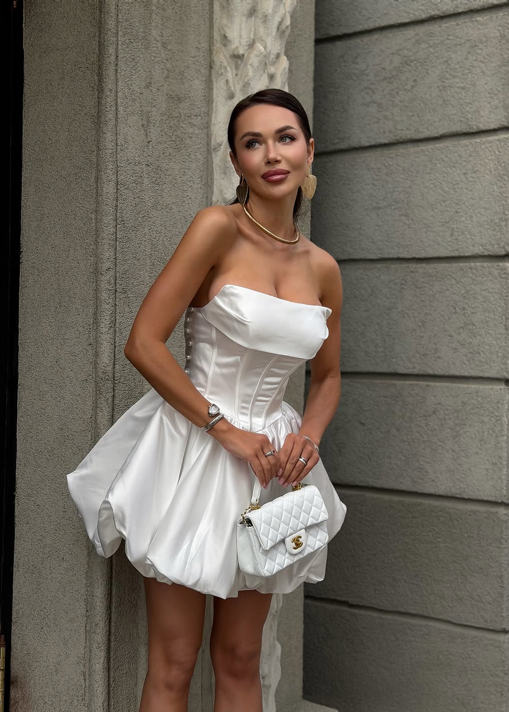 Aurora Pearl Bubble Mini Dress – Strapless Satin Corset Cocktail Dress