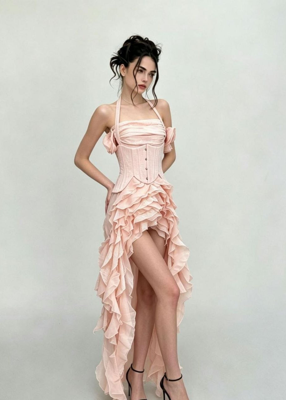 Rosalie Ruffle Corset High-Low Maxi Dress