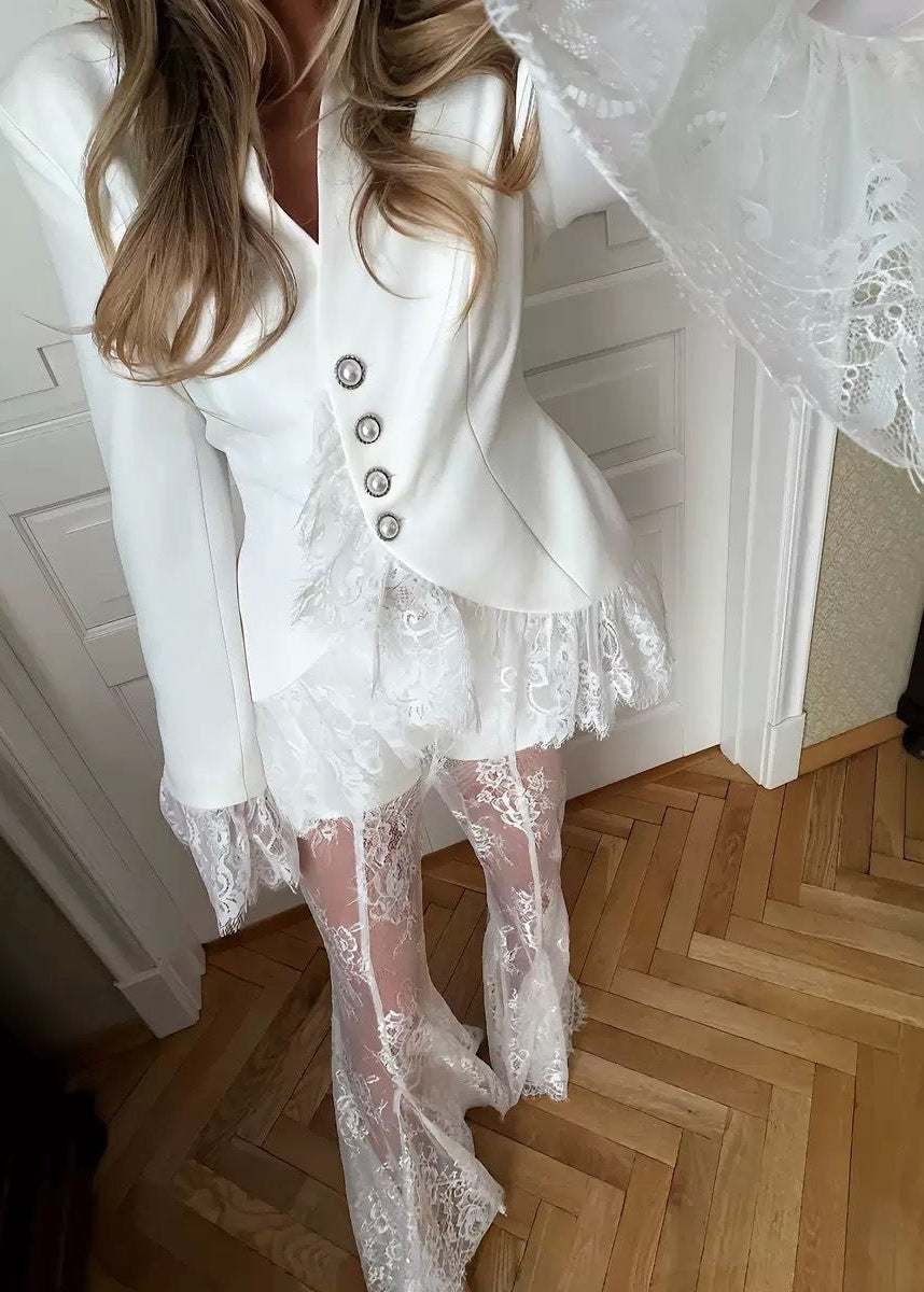 Celestine Lace Blazer & Sheer Flare Pants Set