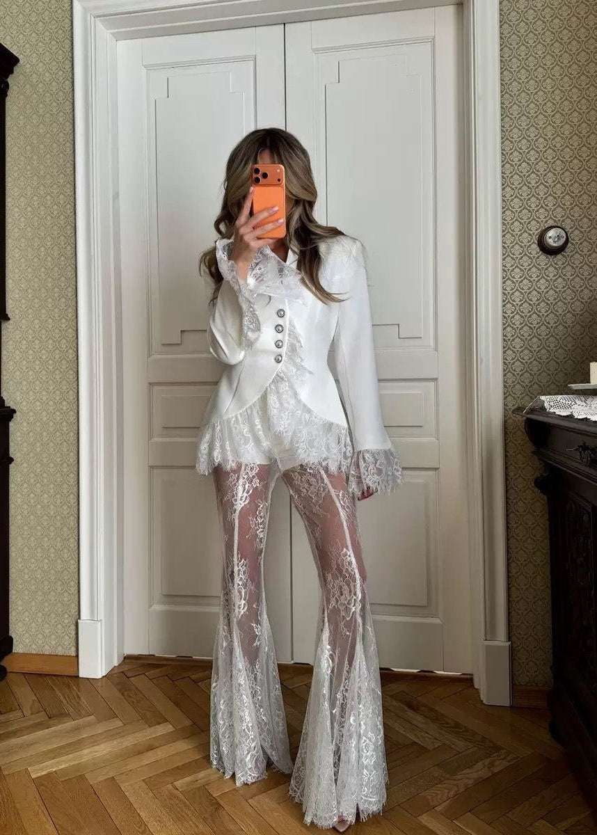 Celestine Lace Blazer & Sheer Flare Pants Set