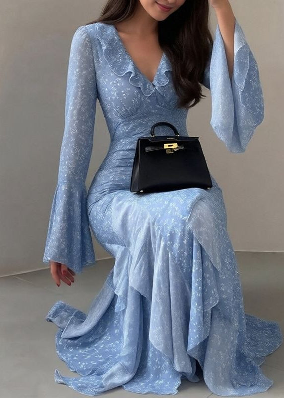 Bluebell Whisper Floral Ruffle Maxi Dress