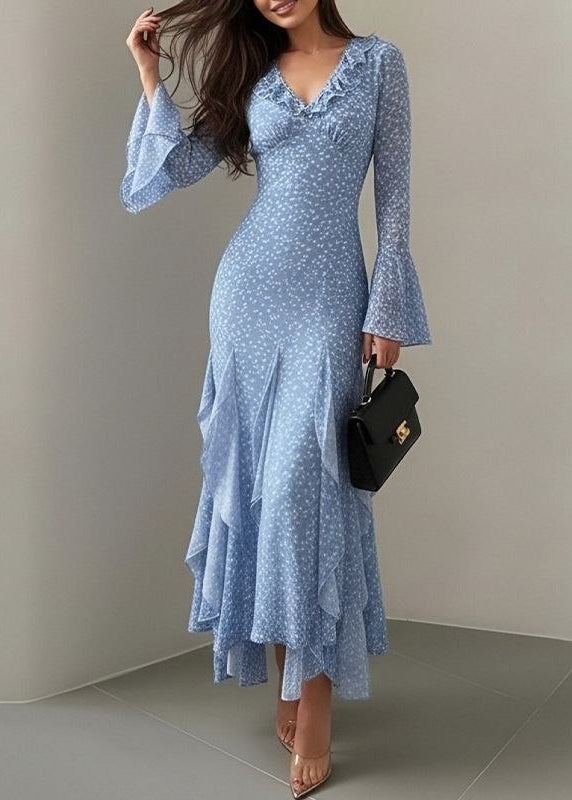 Bluebell Whisper Floral Ruffle Maxi Dress