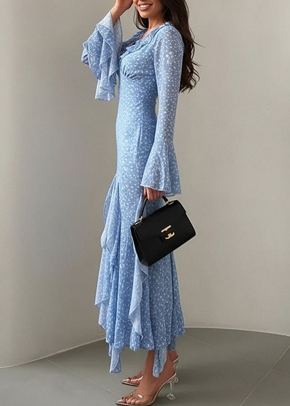 Bluebell Whisper Floral Ruffle Maxi Dress