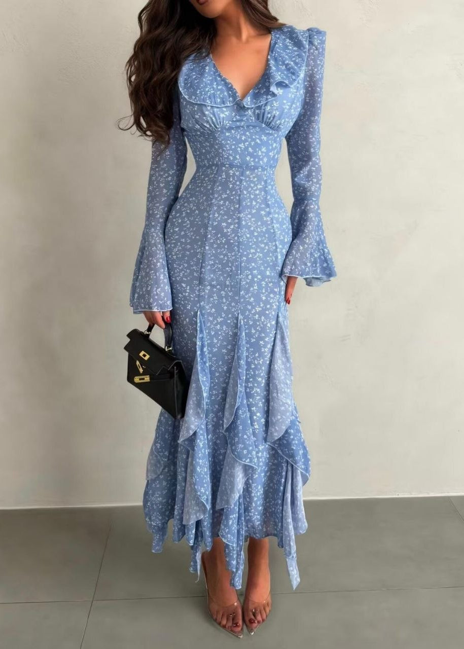 Bluebell Whisper Floral Ruffle Maxi Dress