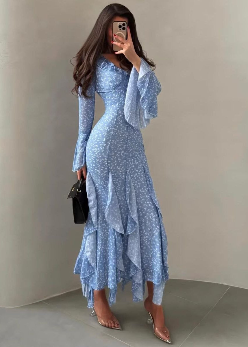 Bluebell Whisper Floral Ruffle Maxi Dress