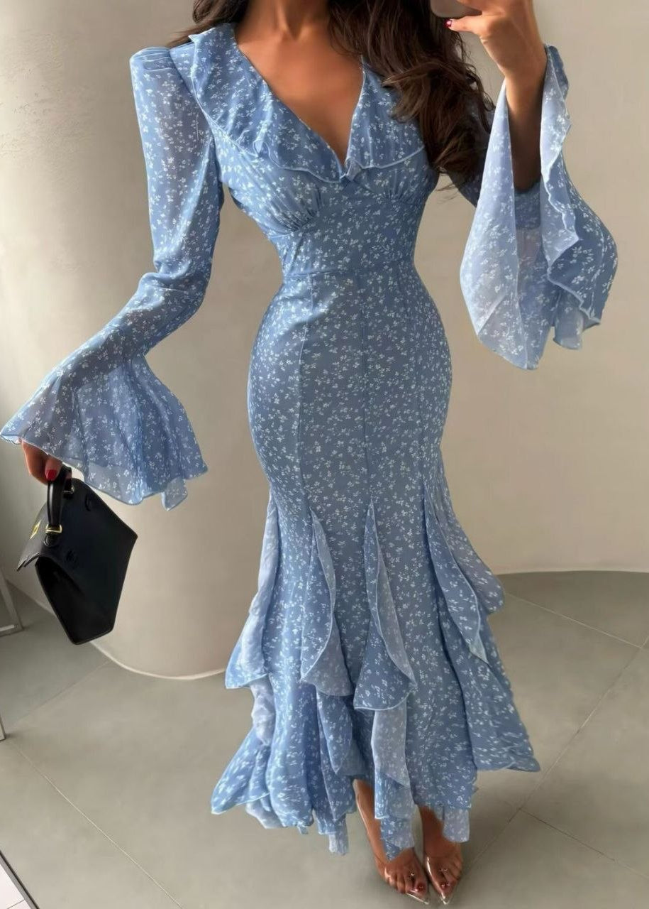 Bluebell Whisper Floral Ruffle Maxi Dress