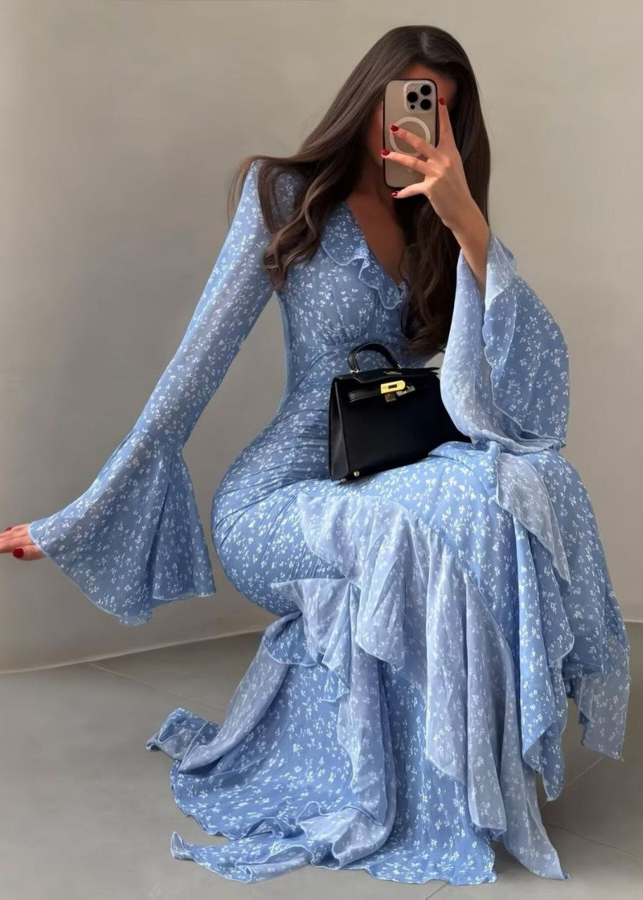 Bluebell Whisper Floral Ruffle Maxi Dress