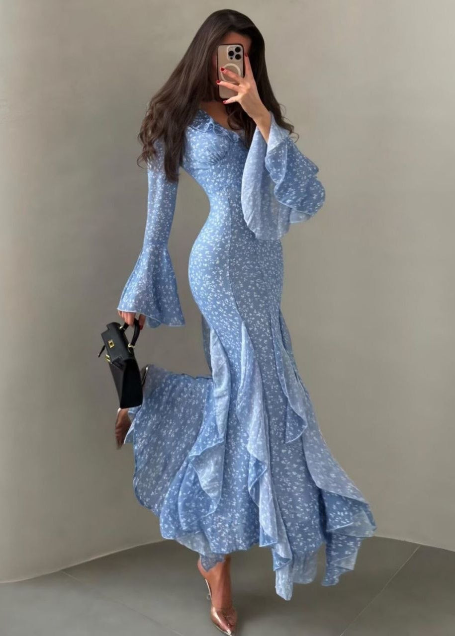 Bluebell Whisper Floral Ruffle Maxi Dress