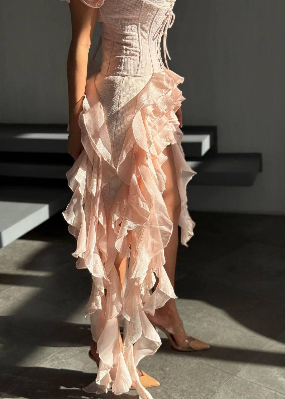 Rosalie Ruffle Corset High-Low Maxi Dress