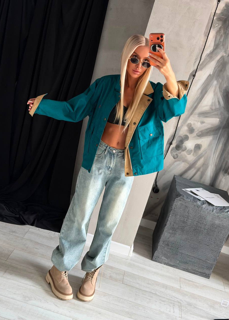 Reversible Teal & Beige Oversized Cotton Canvas Utility Jacket