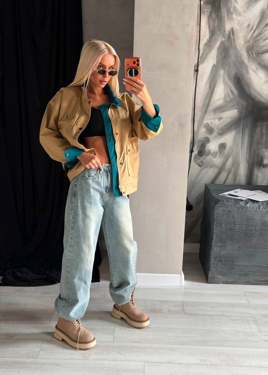Reversible Teal & Beige Oversized Cotton Canvas Utility Jacket