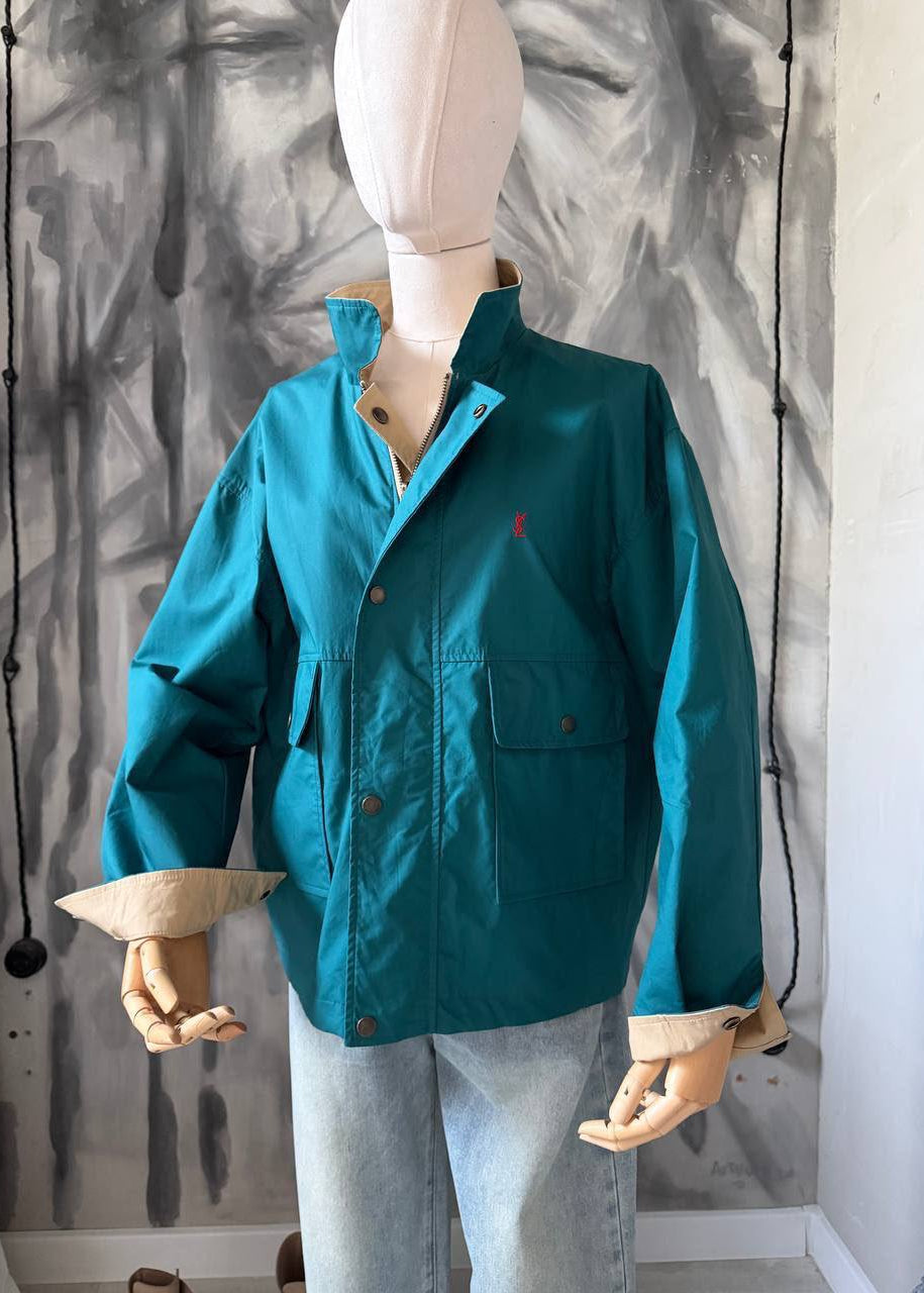 Reversible Teal & Beige Oversized Cotton Canvas Utility Jacket