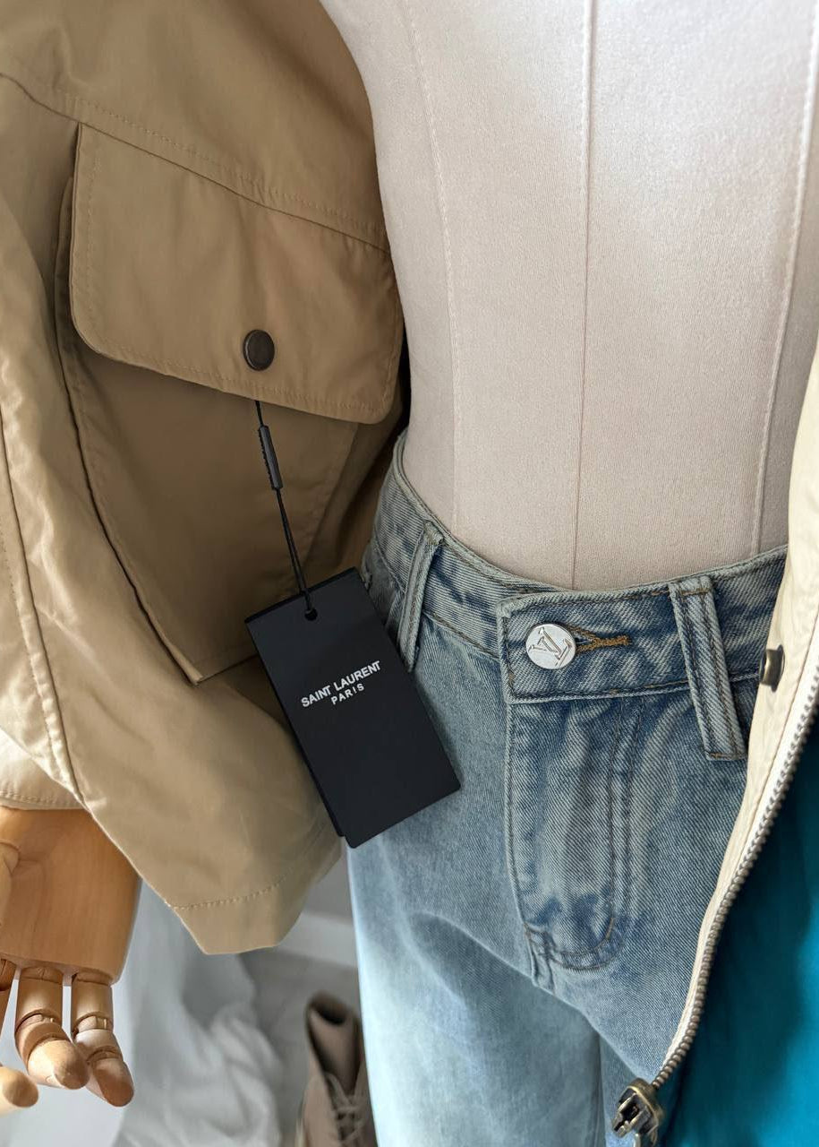 Reversible Teal & Beige Oversized Cotton Canvas Utility Jacket