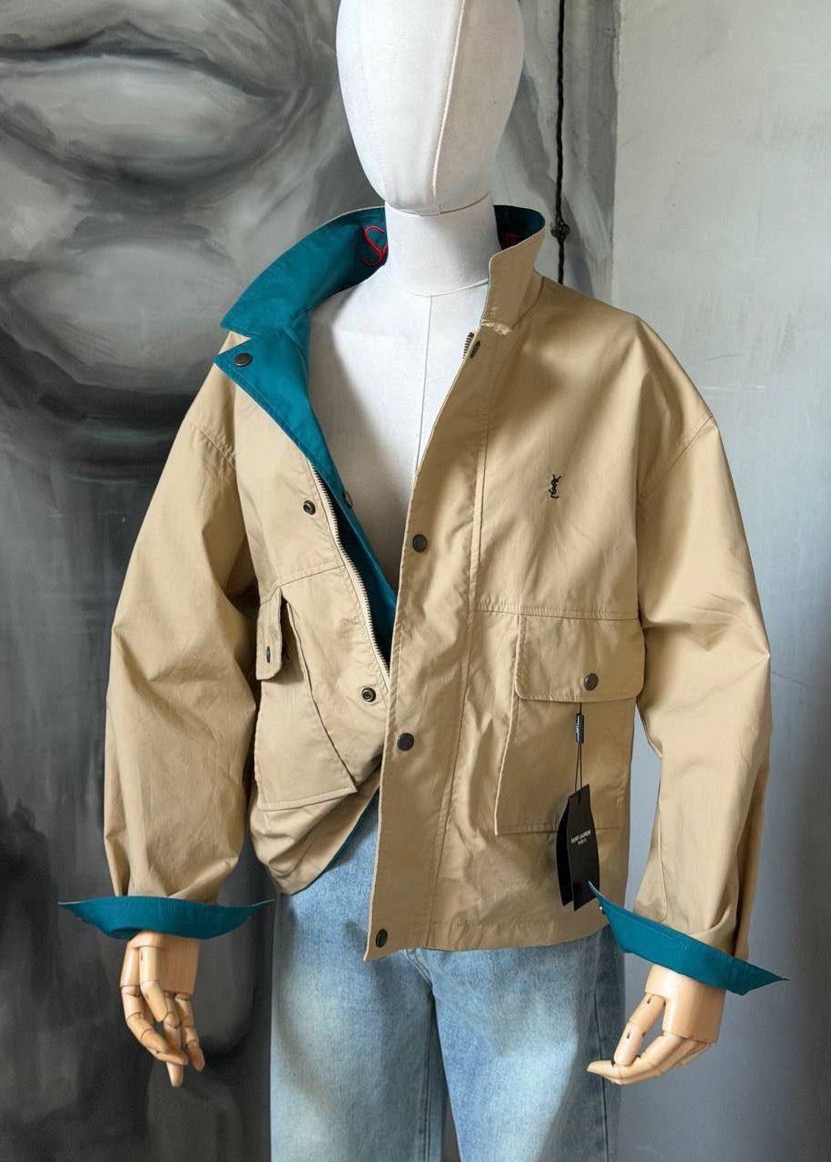 Reversible Teal & Beige Oversized Cotton Canvas Utility Jacket