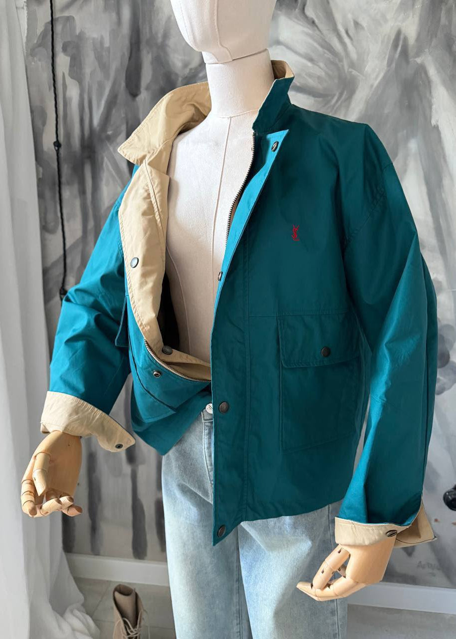 Reversible Teal & Beige Oversized Cotton Canvas Utility Jacket