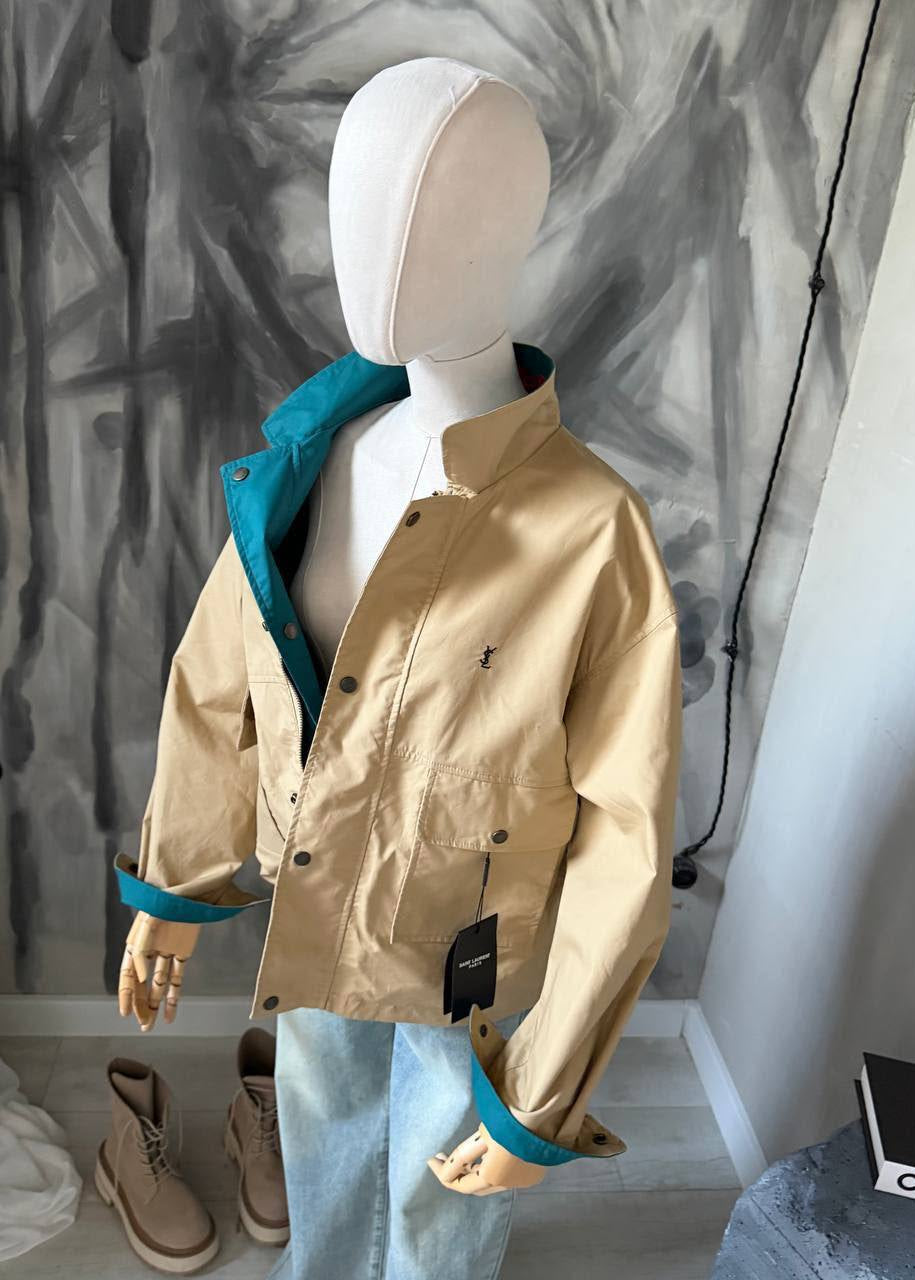 Reversible Teal & Beige Oversized Cotton Canvas Utility Jacket