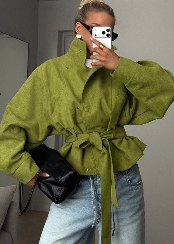 Elowen Olive Suede-Effect Belted Utility Jacket