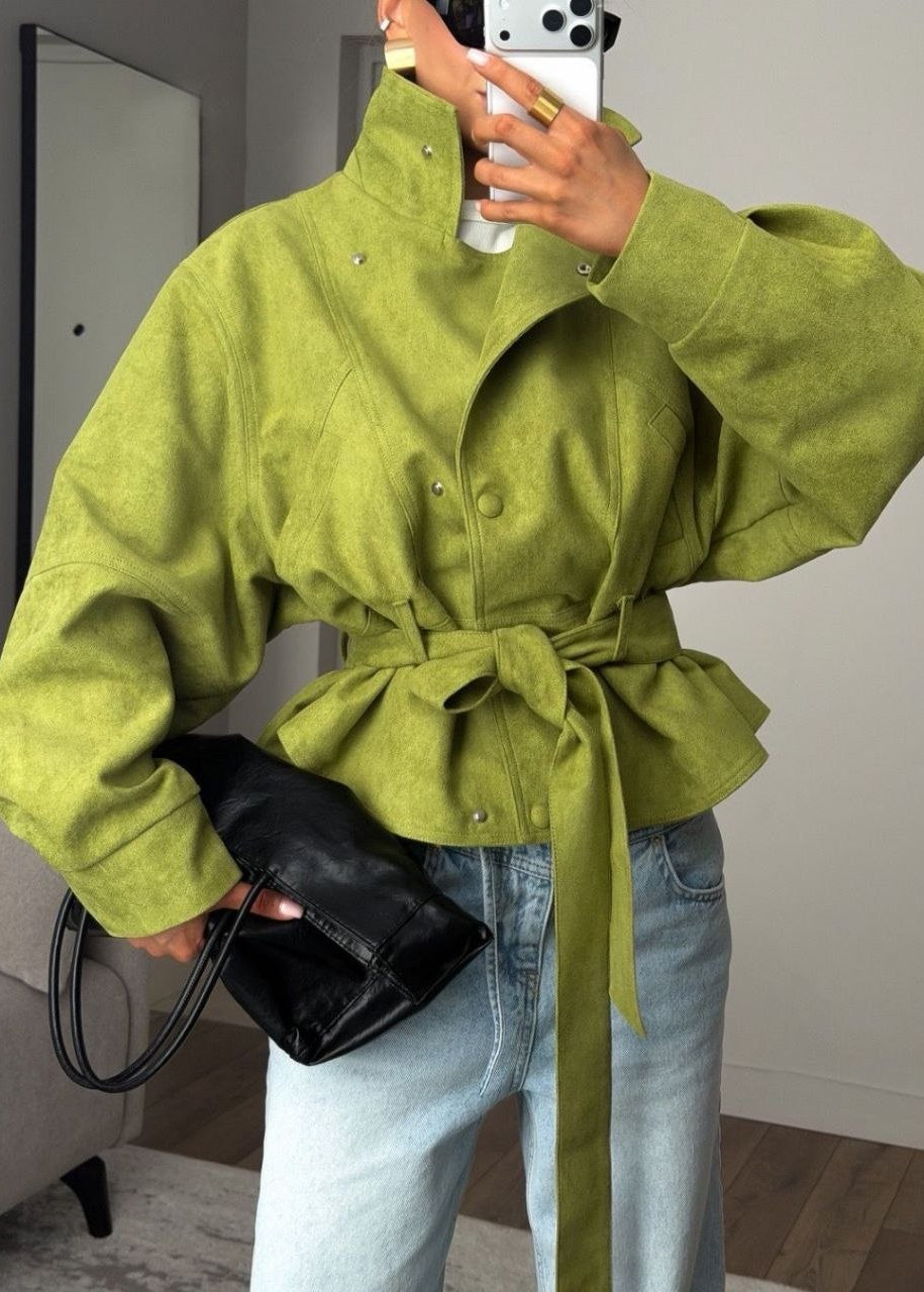 Elowen Olive Suede-Effect Belted Utility Jacket
