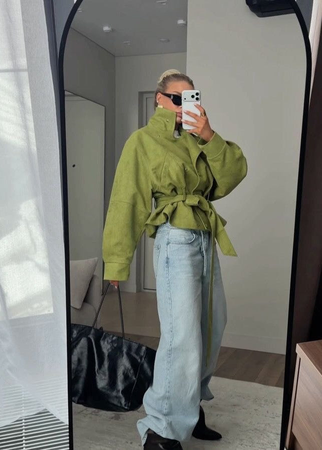 Elowen Olive Suede-Effect Belted Utility Jacket