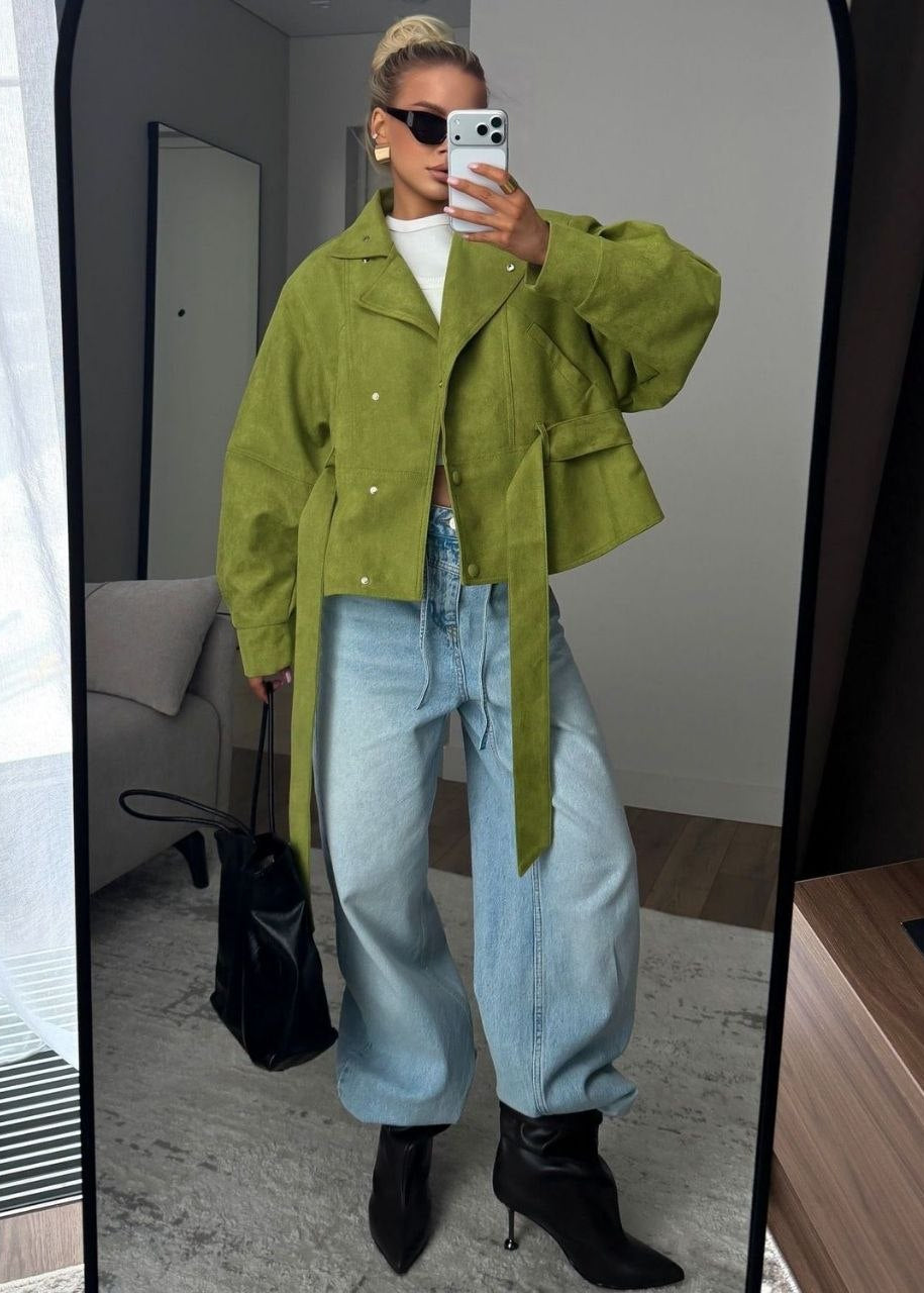 Elowen Olive Suede-Effect Belted Utility Jacket