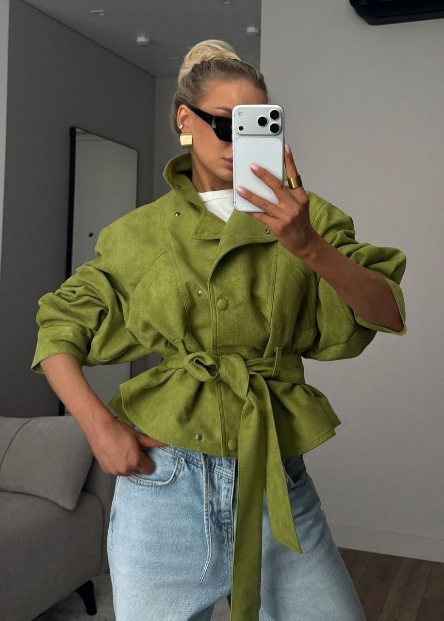 Elowen Olive Suede-Effect Belted Utility Jacket