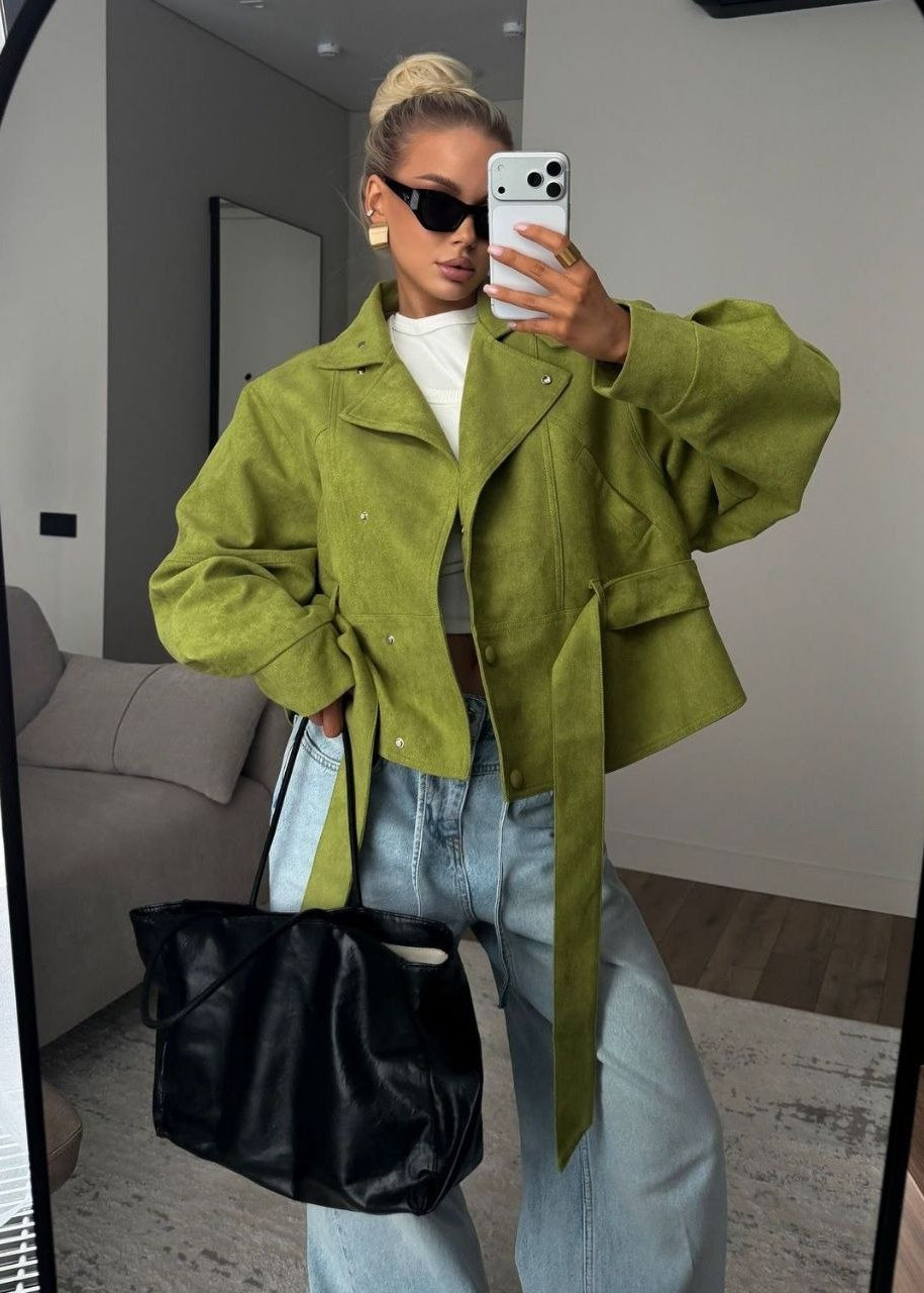 Elowen Olive Suede-Effect Belted Utility Jacket