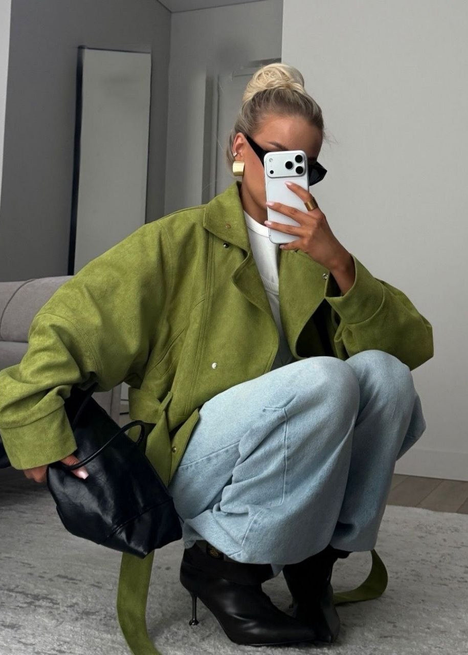 Elowen Olive Suede-Effect Belted Utility Jacket
