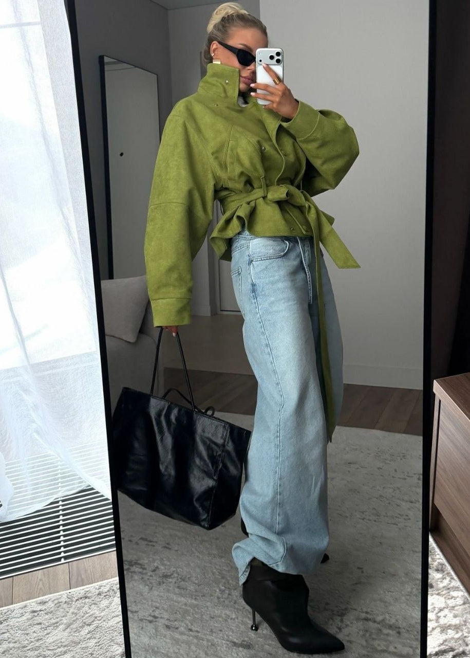 Elowen Olive Suede-Effect Belted Utility Jacket