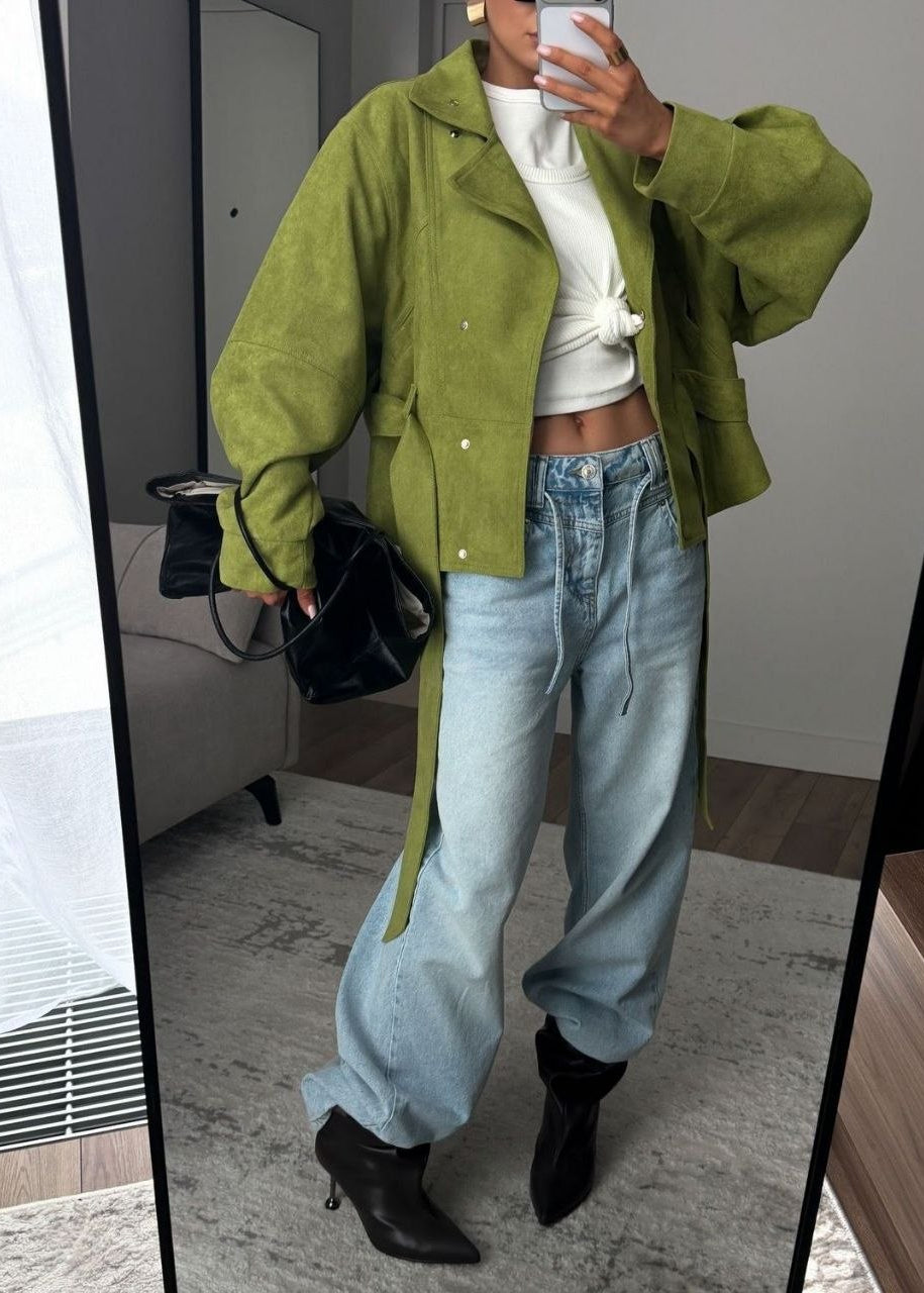Elowen Olive Suede-Effect Belted Utility Jacket