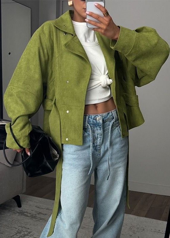 Elowen Olive Suede-Effect Belted Utility Jacket