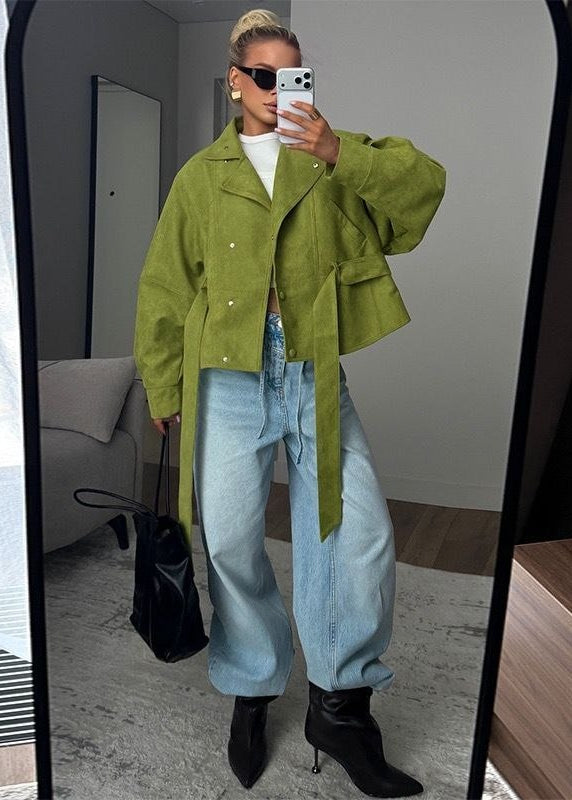 Elowen Olive Suede-Effect Belted Utility Jacket