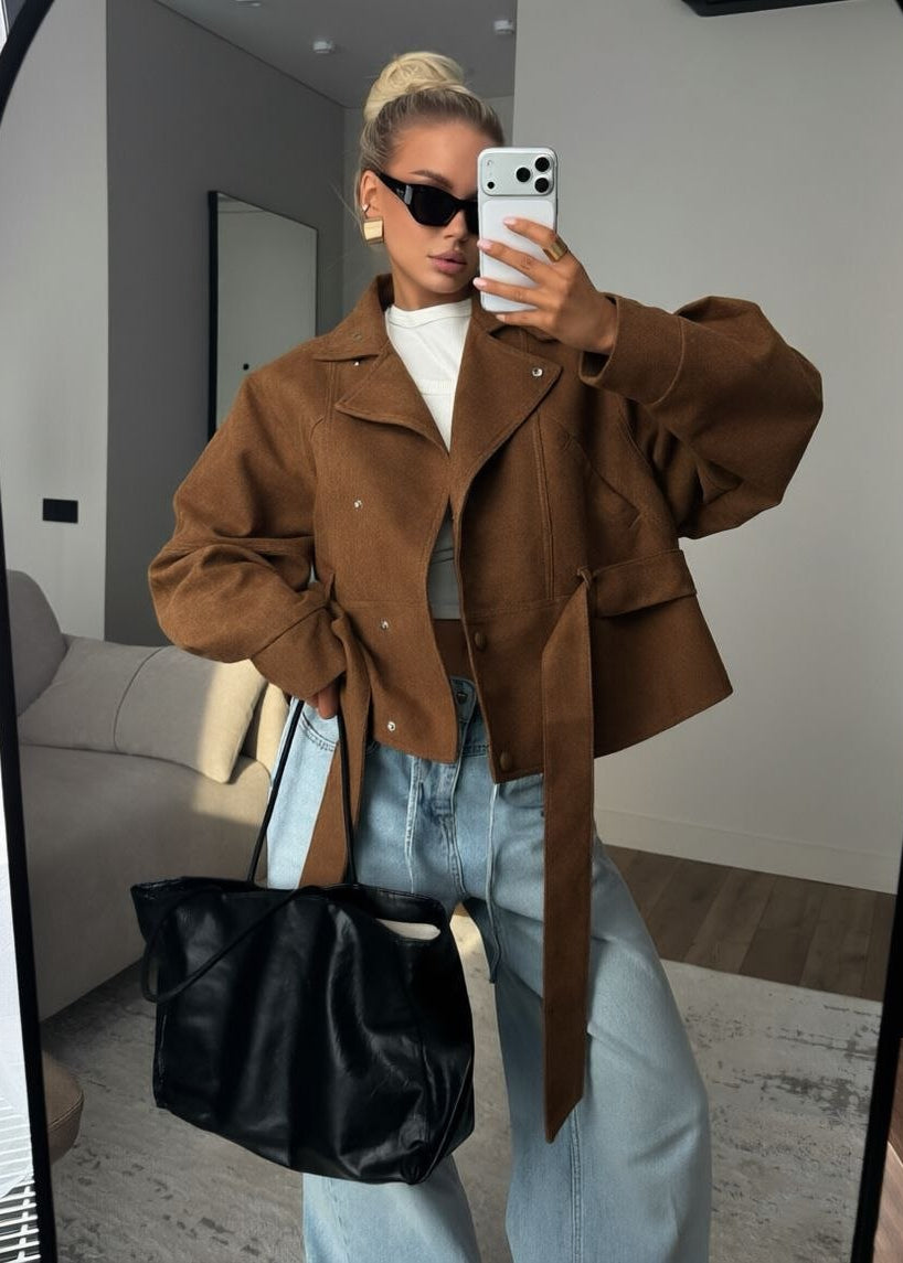 Elowen Olive Suede-Effect Belted Utility Jacket