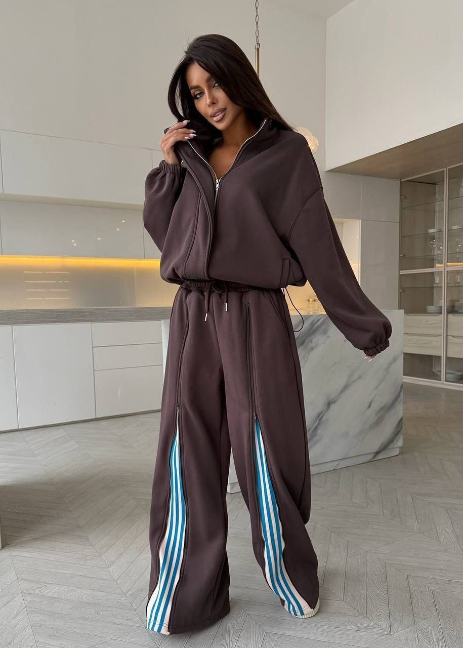 Riviera Chocolate Brown Striped Wide-Leg Tracksuit Set