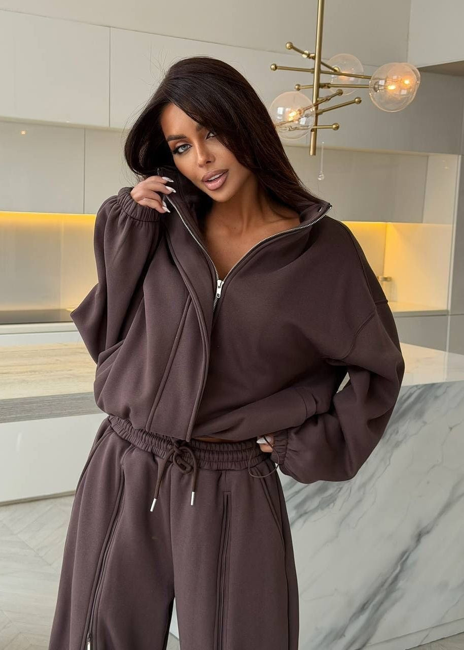 Riviera Chocolate Brown Striped Wide-Leg Tracksuit Set