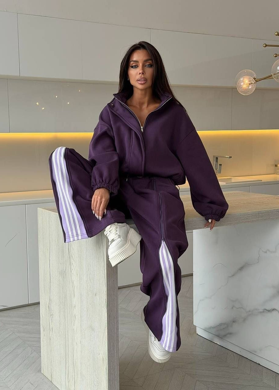 Riviera Chocolate Brown Striped Wide-Leg Tracksuit Set