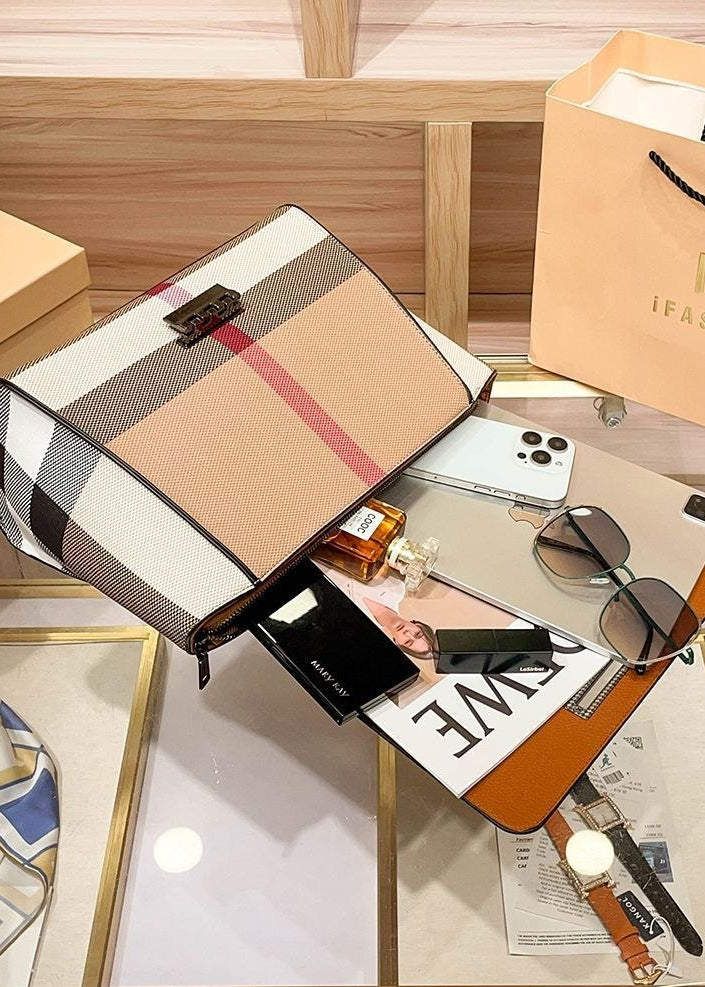 Brielle Plaid Panel Structured Satchel Bag