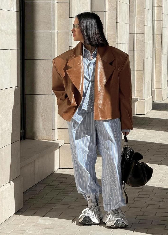 Sienna Oversized Brown Faux Leather Cropped Blazer Jacket