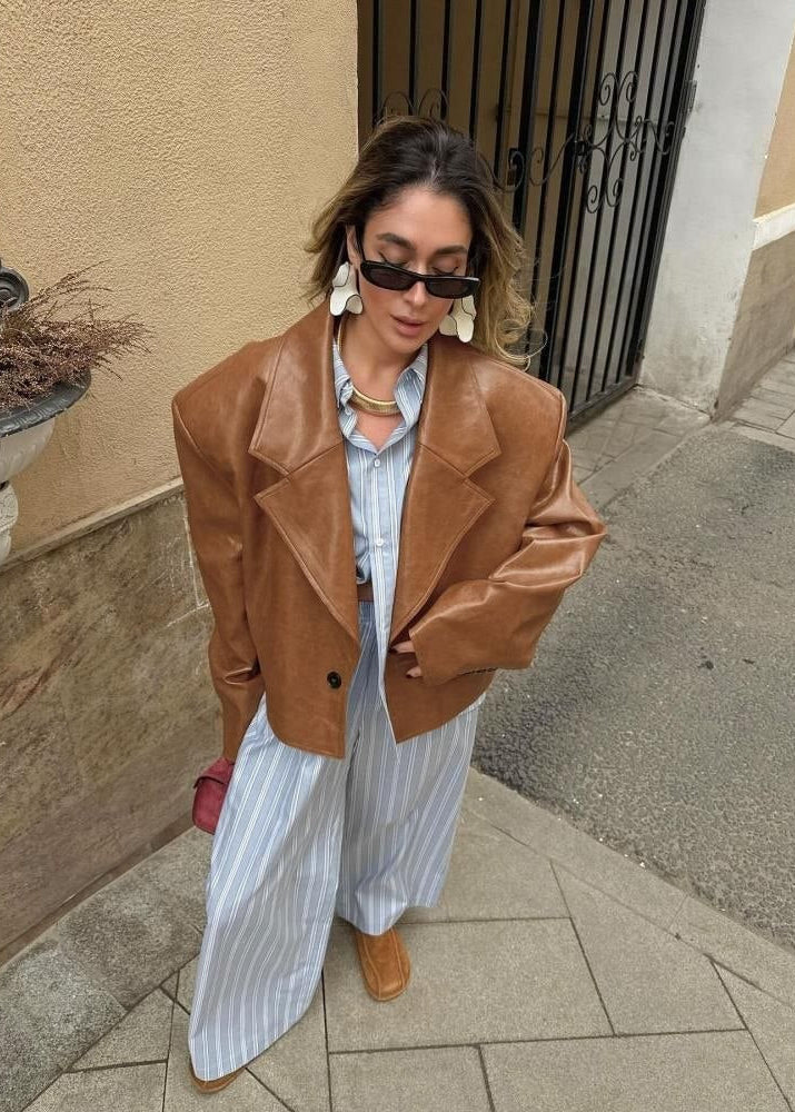 Sienna Oversized Brown Faux Leather Cropped Blazer Jacket