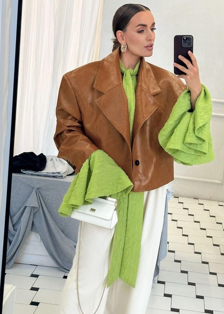 Sienna Oversized Brown Faux Leather Cropped Blazer Jacket