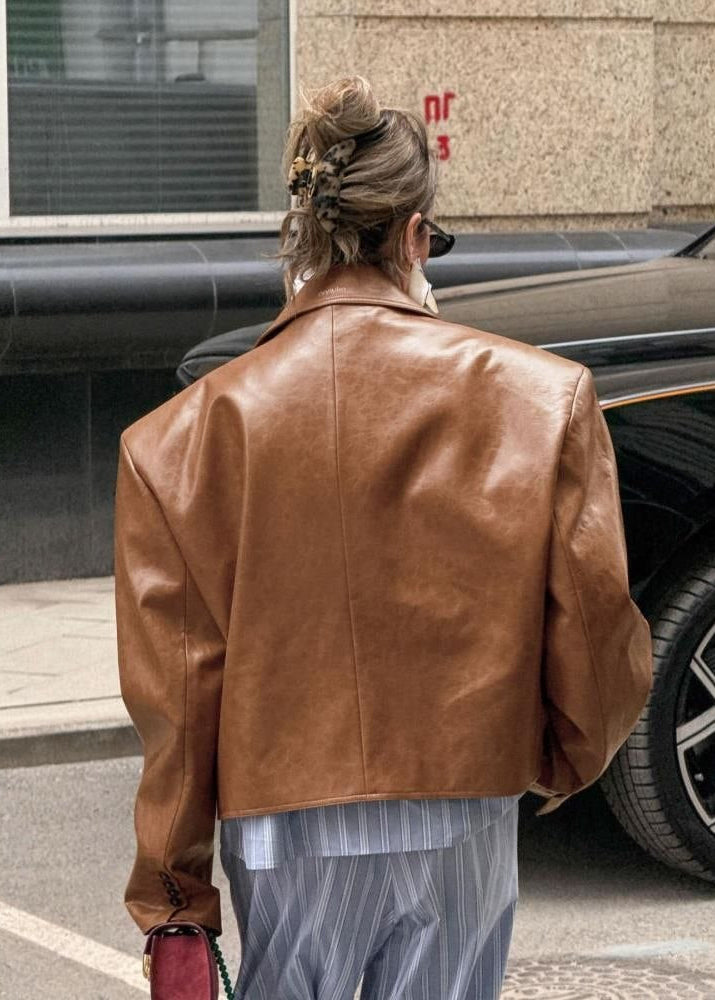 Sienna Oversized Brown Faux Leather Cropped Blazer Jacket