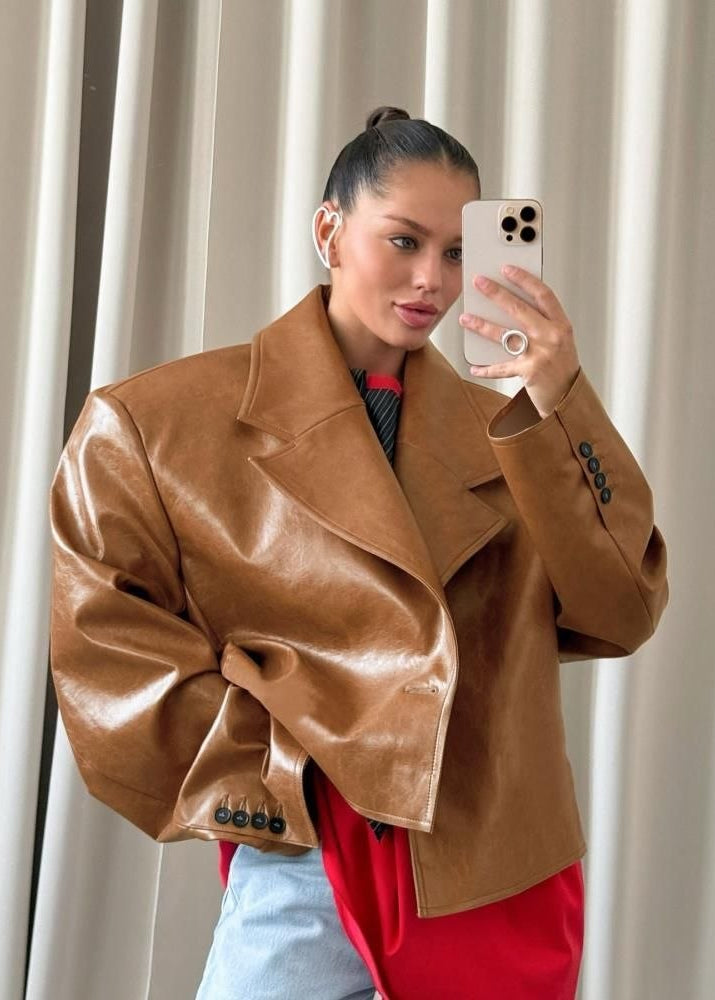 Sienna Oversized Brown Faux Leather Cropped Blazer Jacket