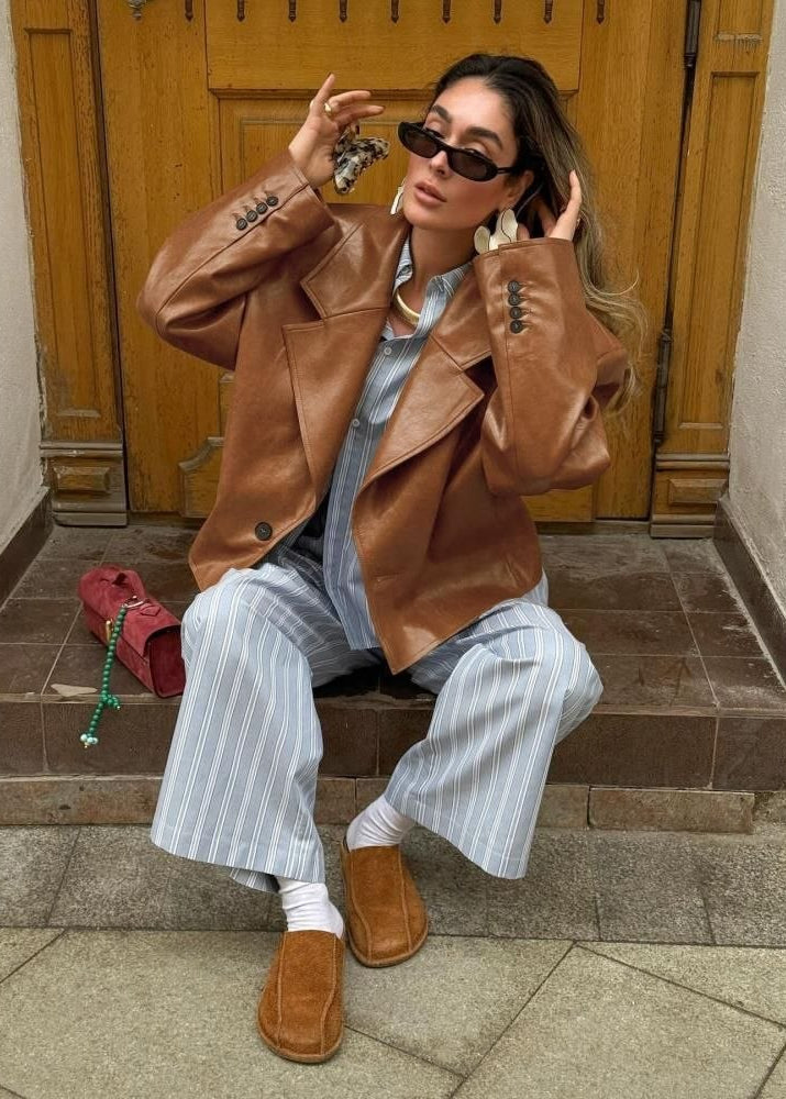 Sienna Oversized Brown Faux Leather Cropped Blazer Jacket