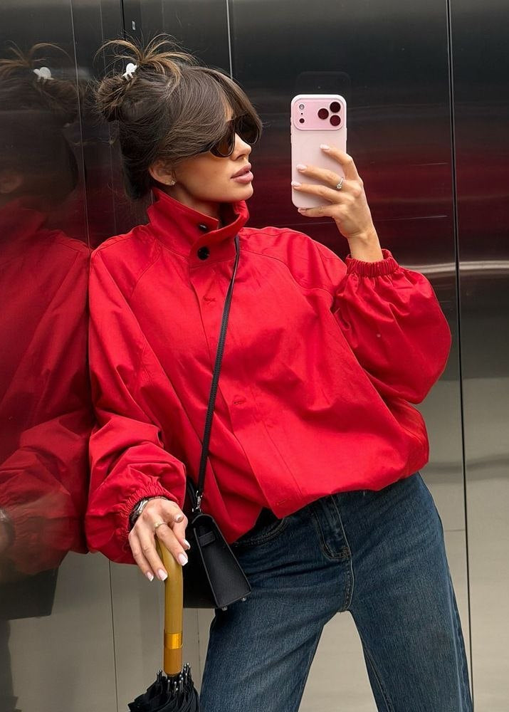 Monaco Red Oversized Funnel Neck Windbreaker Jacket