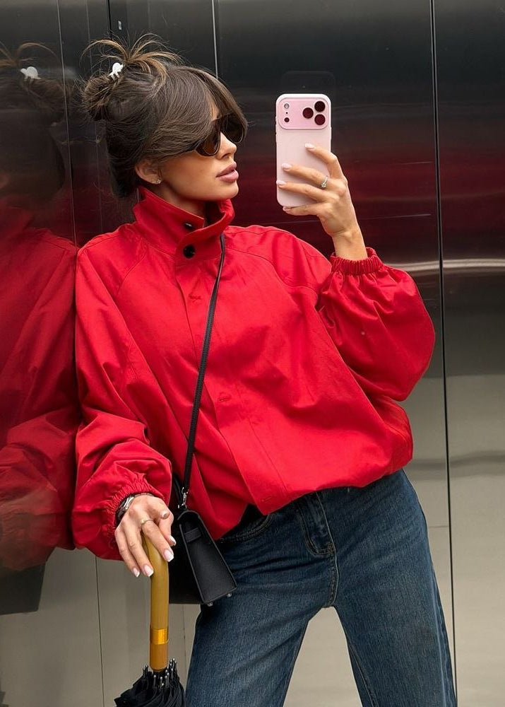 Monaco Red Oversized Funnel Neck Windbreaker Jacket
