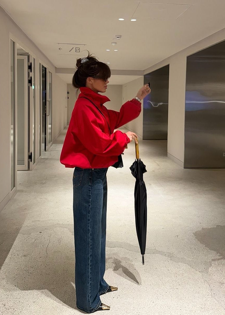 Monaco Red Oversized Funnel Neck Windbreaker Jacket