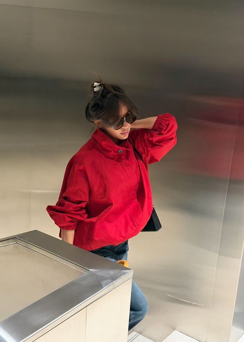 Monaco Red Oversized Funnel Neck Windbreaker Jacket