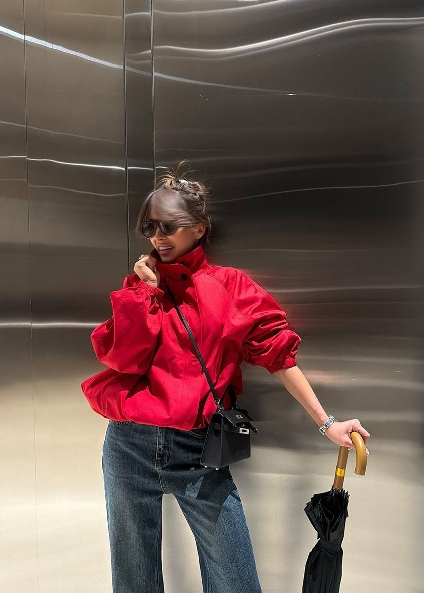 Monaco Red Oversized Funnel Neck Windbreaker Jacket