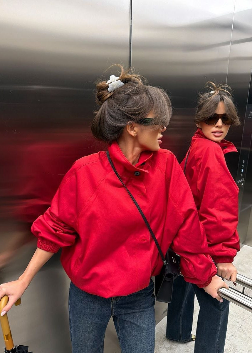Monaco Red Oversized Funnel Neck Windbreaker Jacket