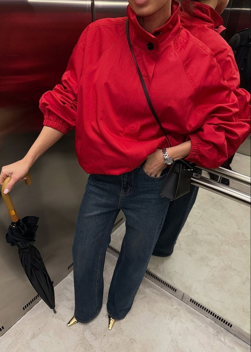 Monaco Red Oversized Funnel Neck Windbreaker Jacket